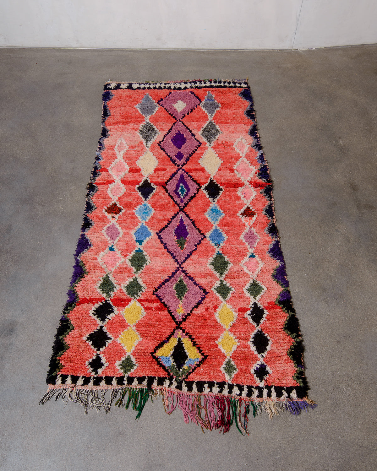 Modern, designer, handcrafted Berber runner rug from Morocco. Vintage carpet with beautiful colours and patterns and fluffy texture.